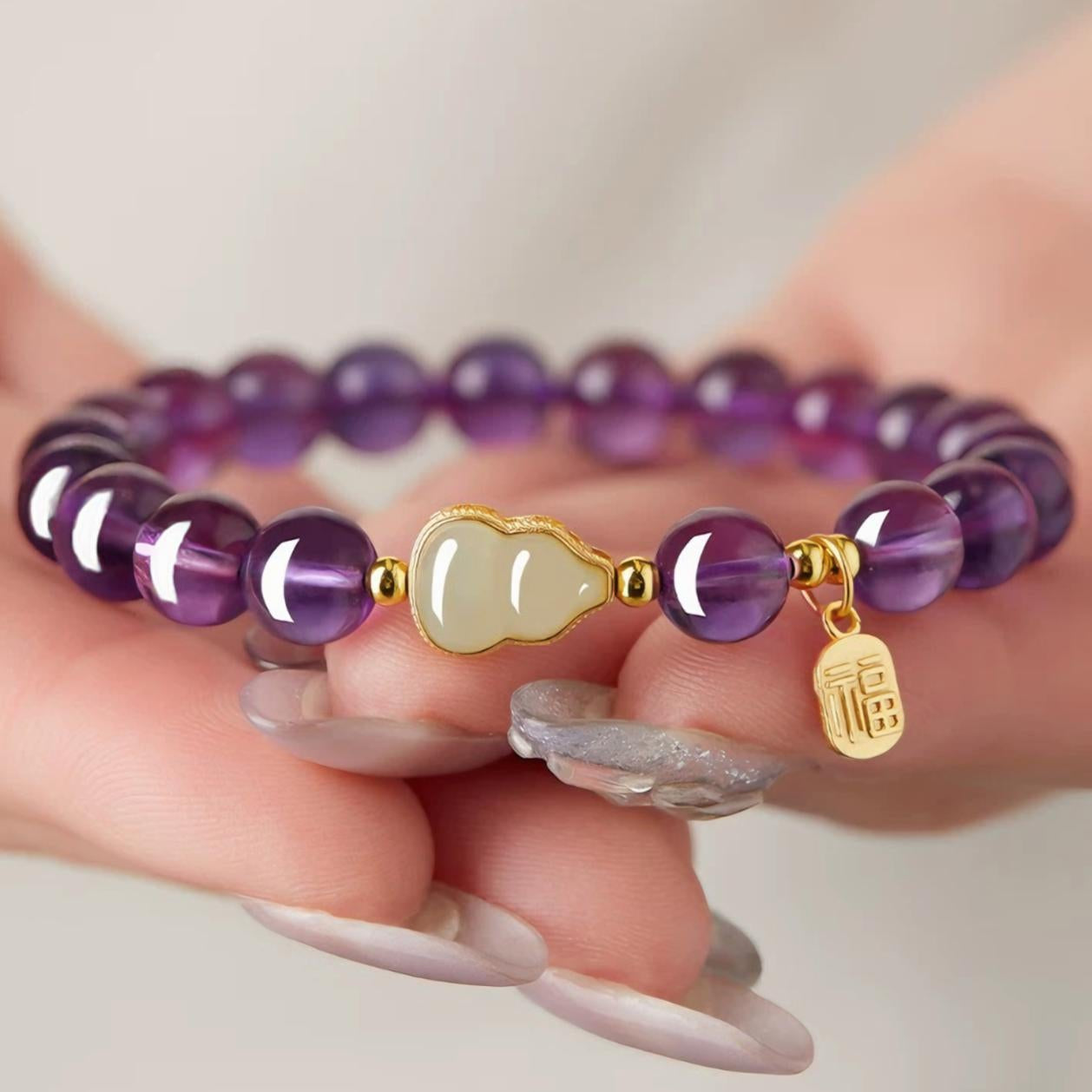 Amethyst Jade Gourd Bracelet – "Purple Fortune Charm"
