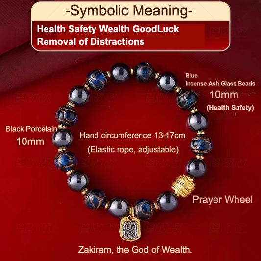 Health & Wealth Bracelet – Incense Ash Beads with Prayer Wheel